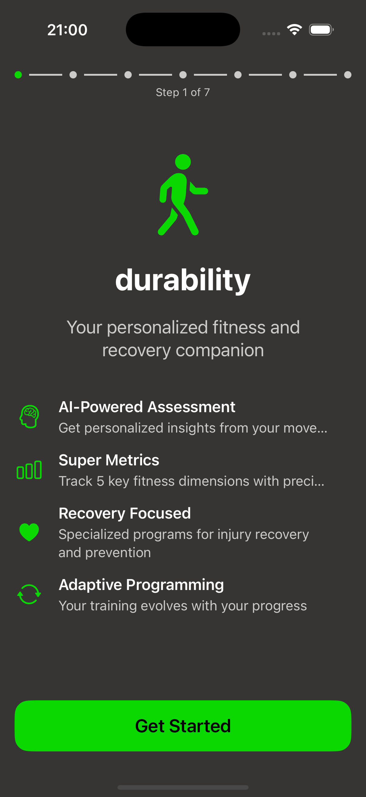 Durability AI Welcome Screen - Clean, modern interface for athlete onboarding